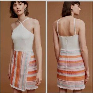 EUC Anthropologie Hutch Kalyn Faux Wrap Mini embroidered Striped Halter dress 2